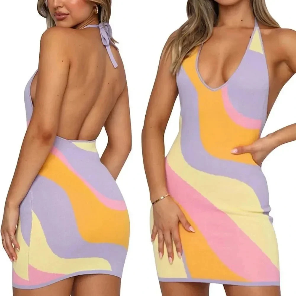 NWOT Y2K Multicolor Mini Knit Dress Small Halter V-Neck Groovy 80s Disco Wacky